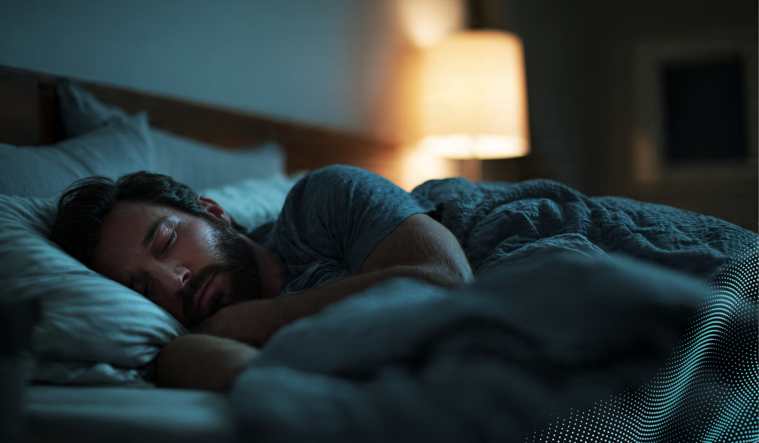 A man sleeping in bed at night with a bedside lamp on