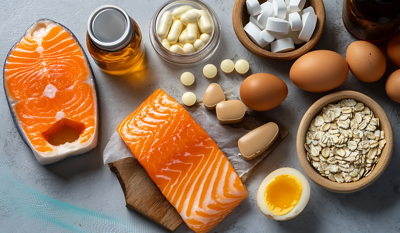 The image shows salmon, honey, eggs, oats and supplements 