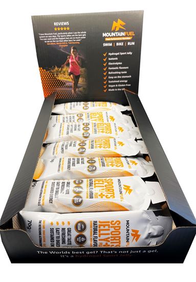 Mountain Fuel Natural Sports Jelly + with Caffeine | 30g Carbs & Electrolytes | Box of 24 70g Gels