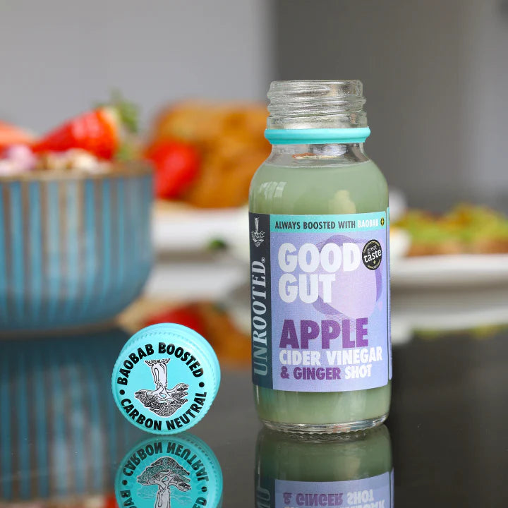 Unrooted: Good Gut: Baobab Boosted Apple Cider Vinegar Shots: 60ml Glass Bottles (12 pack)