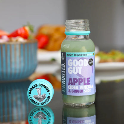 Unrooted: Good Gut: Baobab Boosted Apple Cider Vinegar Shots: 60ml Glass Bottles (12 pack)