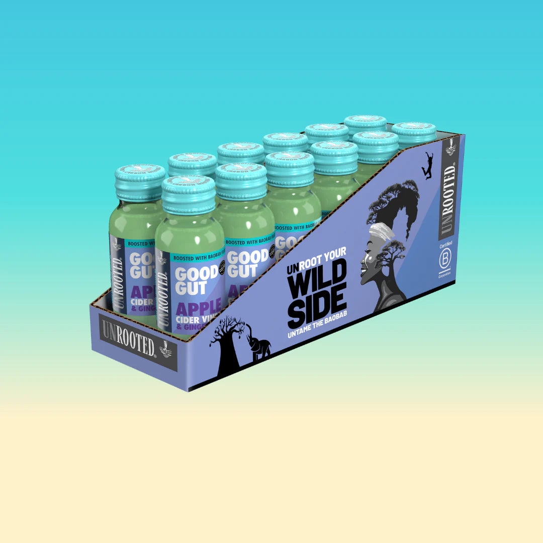 Unrooted: Good Gut: Baobab Boosted Apple Cider Vinegar Shots: 60ml Glass Bottles (12 pack)