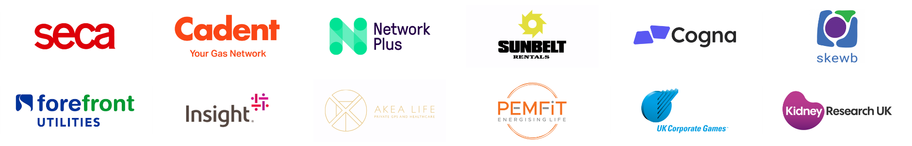 Logos of various companies including Seca, Cadent, Network Plus, and more on a white background.